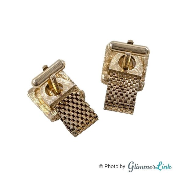 VTG Geometric Square Marquise Topaz Glass Wrap Around Mesh Gold Tone Cufflinks - Picture 5 of 8